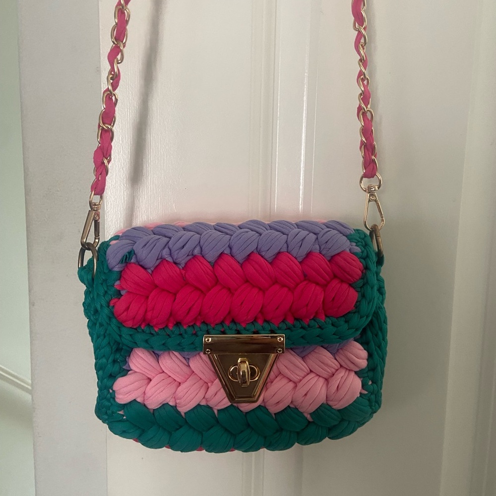 Handwoven Multicolor Crochet Crossbody Bag - Pink, Teal & Purple